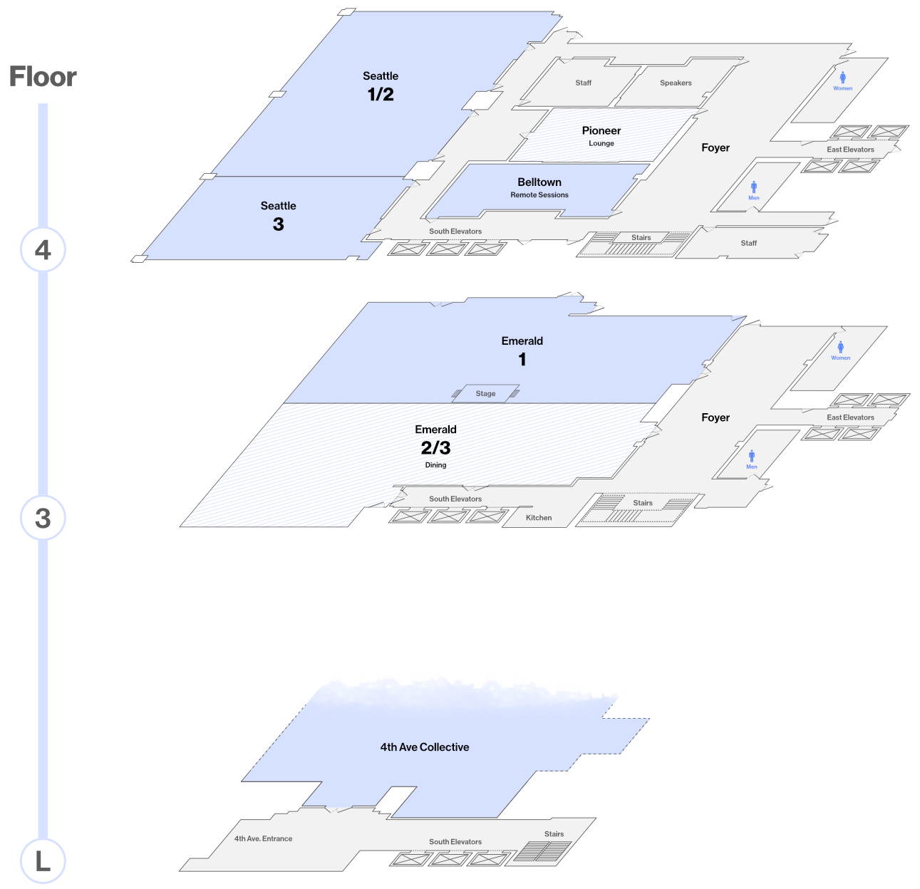 Floor map of ConveyUX spaces at the Hilton Motif.